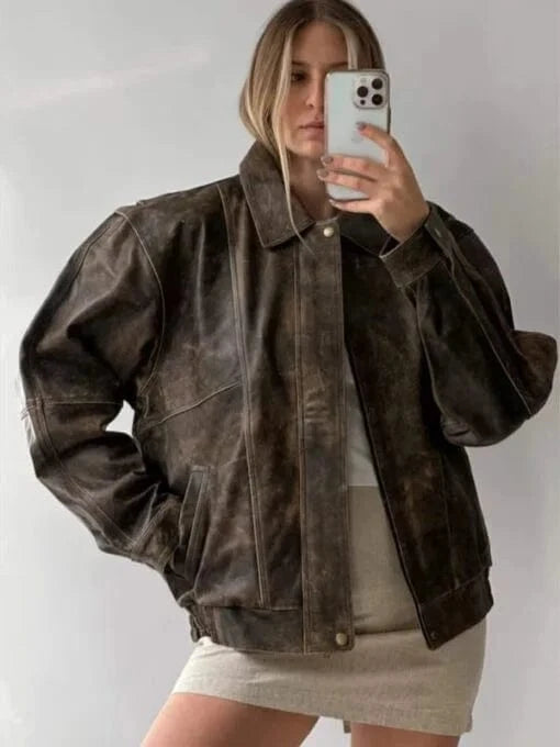 Thread Masters INC 90’s Style Vintage Distressed Oversized Brown Leather Jacket