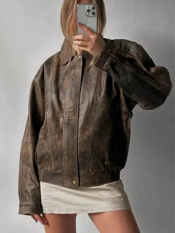 Thread Masters INC 90’s Style Vintage Distressed Oversized Brown Leather Jacket