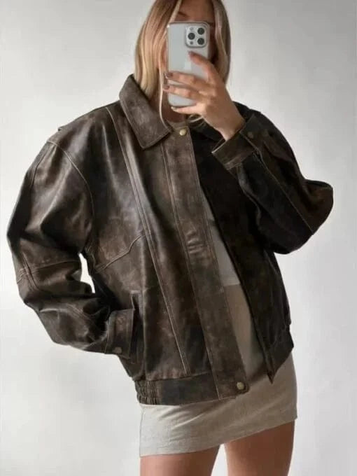 Thread Masters INC 90’s Style Vintage Distressed Oversized Brown Leather Jacket