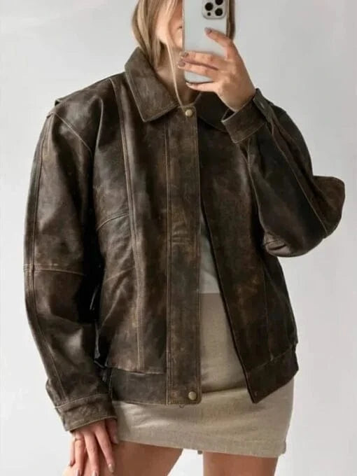 Thread Masters INC 90’s Style Vintage Distressed Oversized Brown Leather Jacket