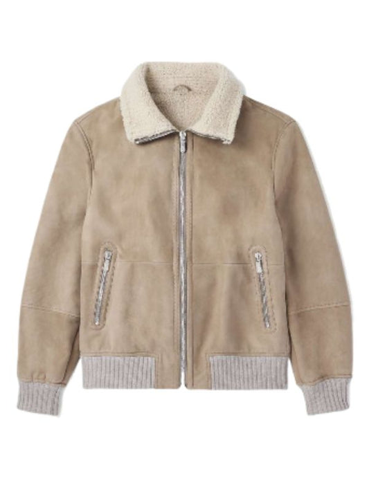 A luxurious men's tan suede bomber jacket featuring a plush cream shearling collar, a central silver zipper closure, and ribbed knit cuffs and hem in a complementary light grey shade, exuding classic elegance and warmth.