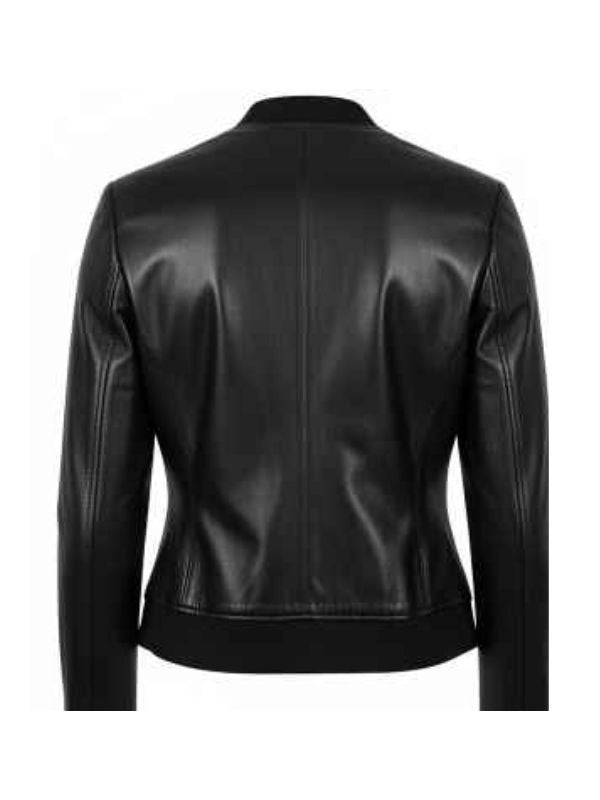 Back view of a black leather bomber jacket, highlighting the smooth, unadorned back panel and the ribbed hem. The jacket has a clean, minimalist design from this angle.