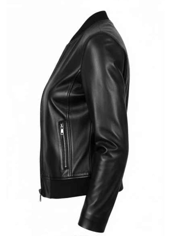 Side view of a black leather bomber jacket, showcasing the smooth texture of the leather, a zippered side pocket, and the ribbed cuff and hem. The jacket has a sleek and fitted silhouette.