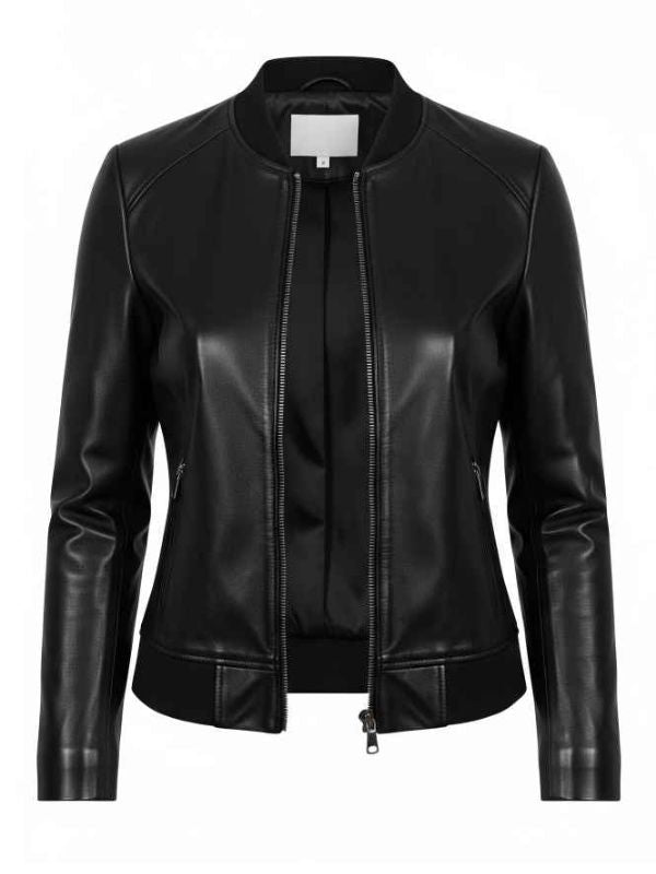 A sleek, black leather bomber jacket with a ribbed collar, cuffs, and hem, and a silver zipper running down the front. The jacket appears to be made of smooth, high-quality leather with subtle sheen. Two zippered pockets are visible on the front near the waist.