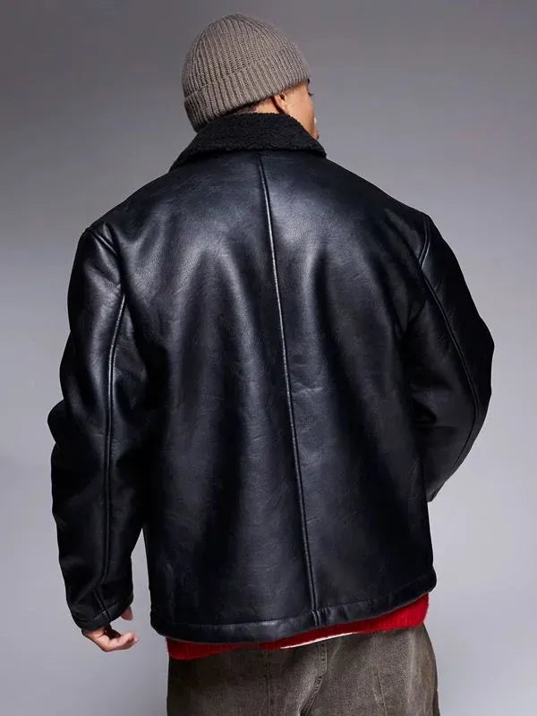 Thread Masters INC Borg Lined Oversized Black Leather Jacket