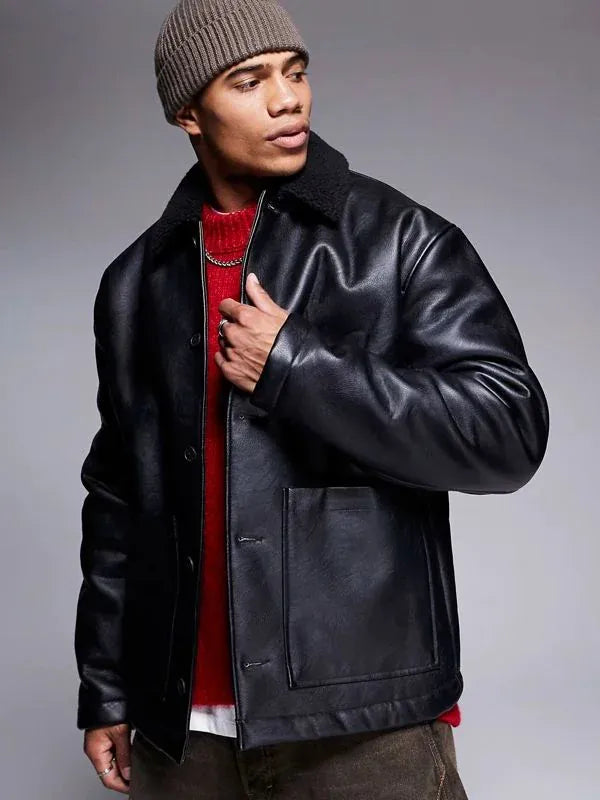 Thread Masters INC Borg Lined Oversized Black Leather Jacket