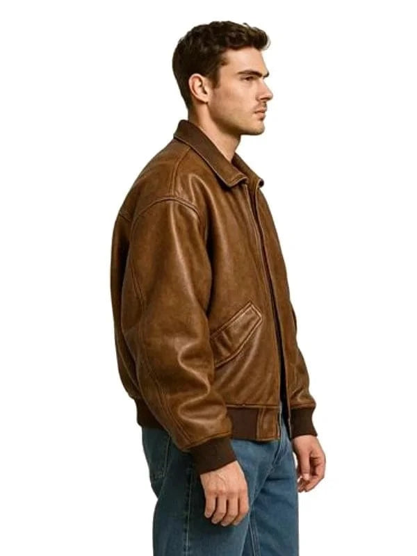 Thread Masters INC Classic Brown Leather Bomber Jacket For Men