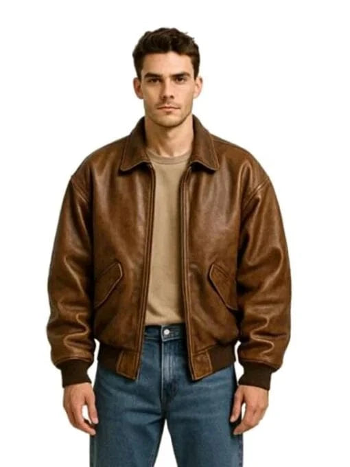 Thread Masters INC Classic Brown Leather Bomber Jacket For Men
