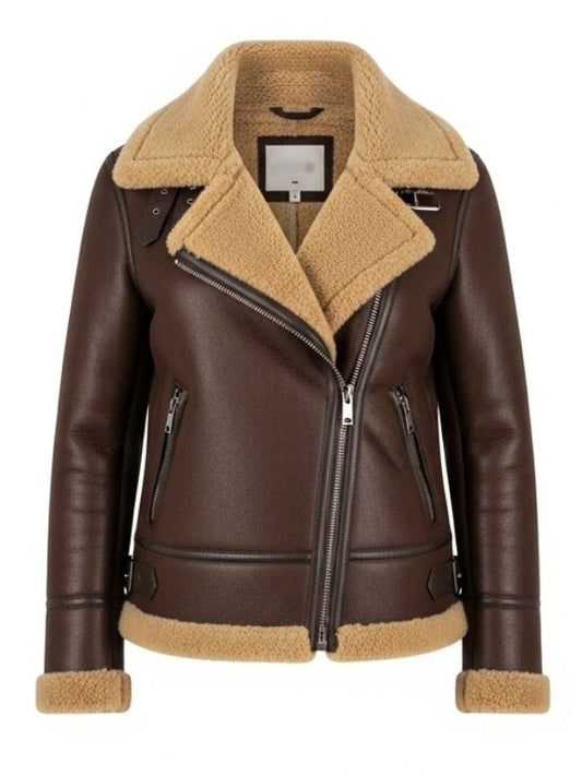 Embrace warmth with this striking cognac brown shearling moto jacket, showcasing its luxurious texture and classic front design.