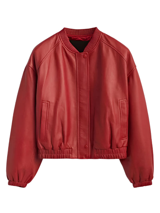 A vibrant crimson red leather bomber jacket with a ribbed collar, cuffs, and hem. The jacket features a relaxed, slightly oversized fit, visible snap closures down the front, and two rectangular patch pockets at the waist. The leather has a smooth, supple appearance.