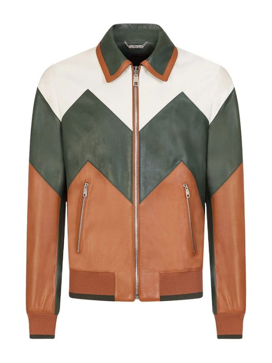 Color-blocked leather jacket with white, green, and brown sections on a white background