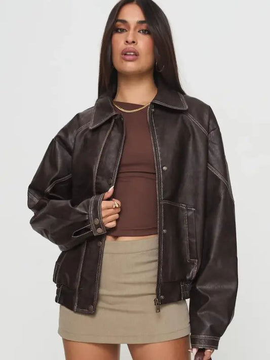 Jaxton Faux Leather Oversized Jacket Brown