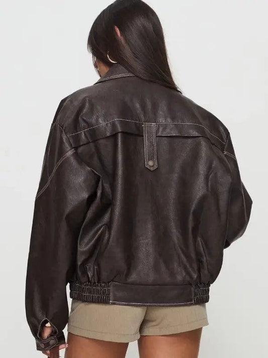Thread Masters INC Jaxton Faux Leather Oversized Jacket Brown