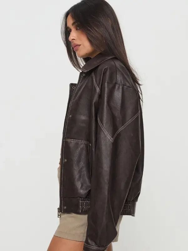 Thread Masters INC Jaxton Faux Leather Oversized Jacket Brown
