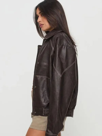 Thread Masters INC Jaxton Faux Leather Oversized Jacket Brown