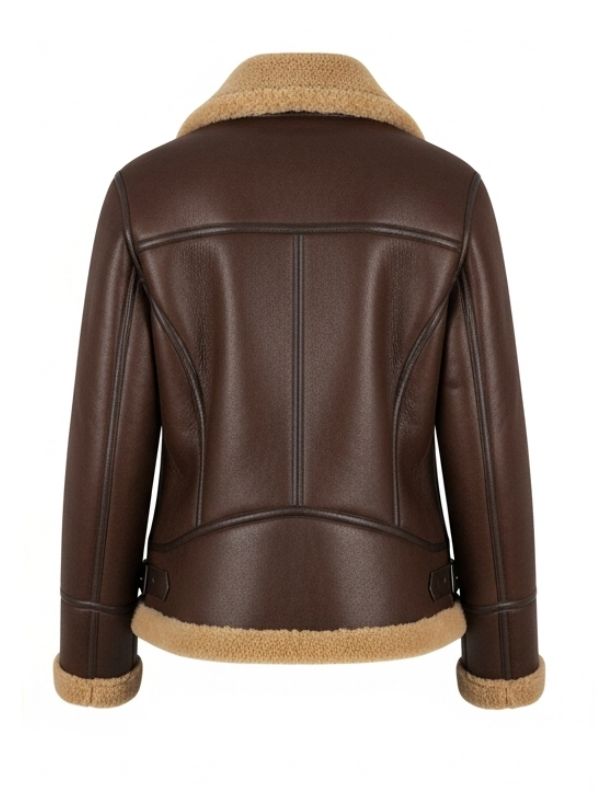 The elegant silhouette of a premium brown leather shearling jacket, highlighting its refined craftsmanship and cozy appeal from the back.