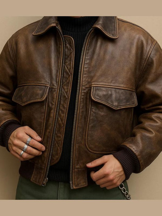 Men's 80s Vintage Brown Leather Bomber Jacket