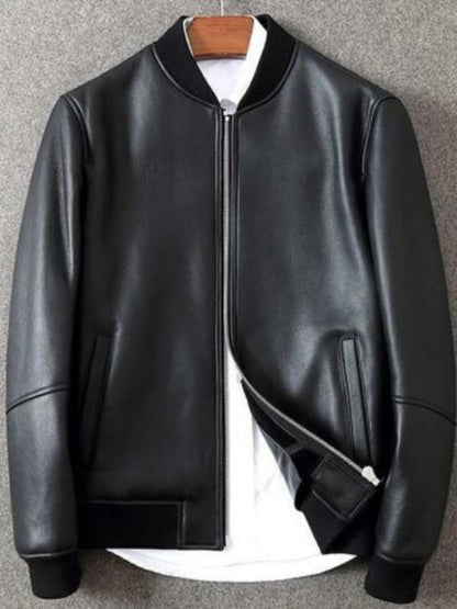 Thread Masters INC Men Bomber Black Lambskin Leather Jacket Casual Formal