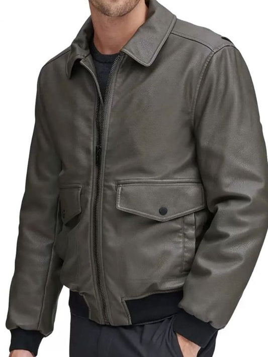 Gray leather jacket worn by a person on a white background