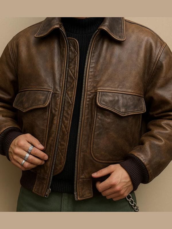Thread Masters INC Men's 80s Vintage Brown Leather Bomber Jacket
