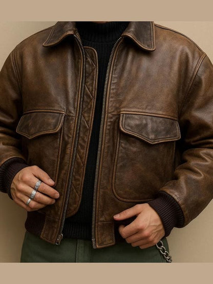 Thread Masters INC Men's 80s Vintage Brown Leather Bomber Jacket