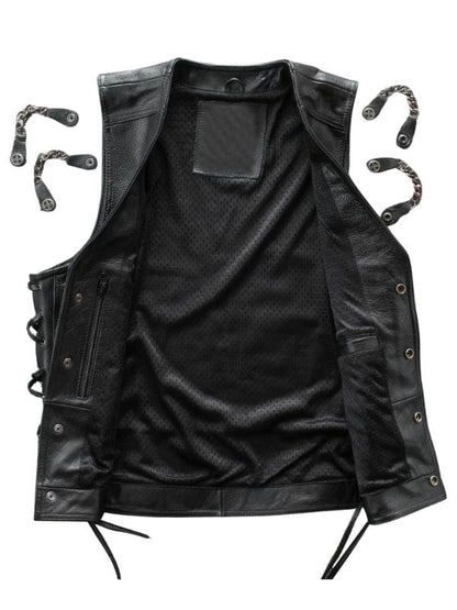 Thread Masters INC Men’s Biker Sleeveless Lace Black Leather Waistcoat