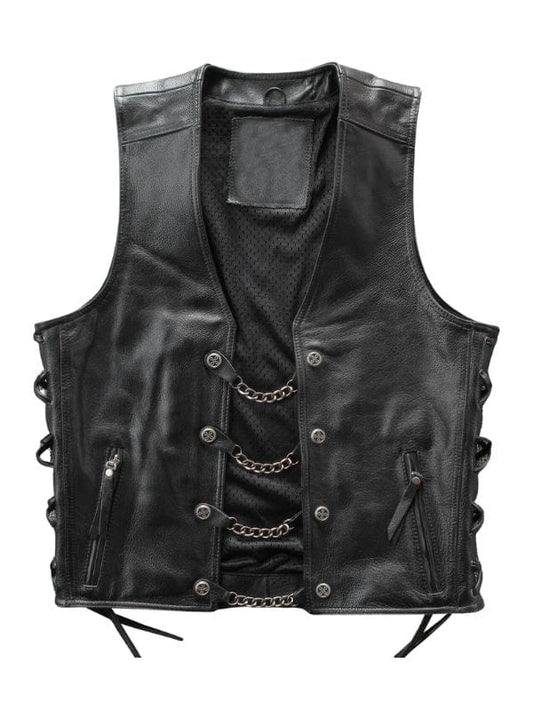 Thread Masters INC Men’s Biker Sleeveless Lace Black Leather Waistcoat
