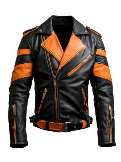 Thread Masters INC Men’s Black and Orange Rider Quilted Leather Jacket
