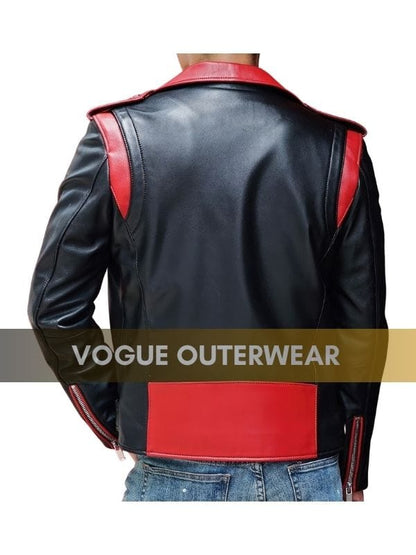 Thread Masters INC Men’s Black Biker Red Lapel Collar Leather Jacket