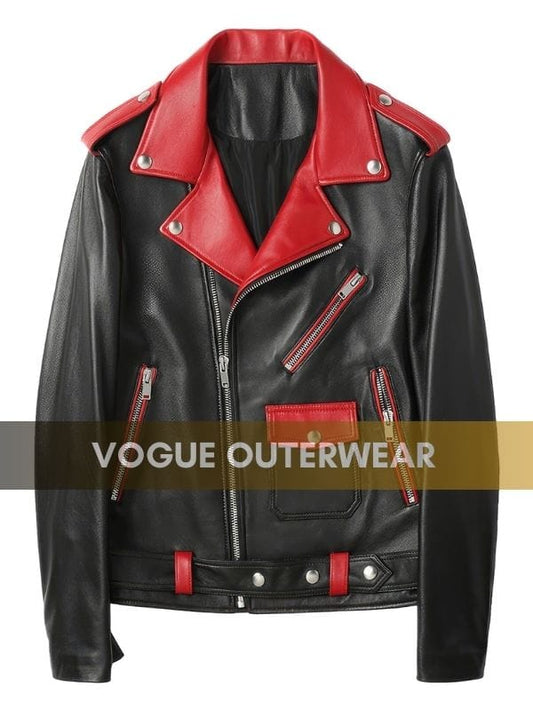 Thread Masters INC Men’s Black Biker Red Lapel Collar Leather Jacket