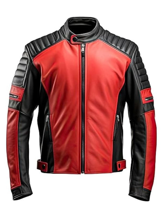 Thread Masters INC Men’s Black Red Quilted Shoulders Moto Rider Leather Jacket