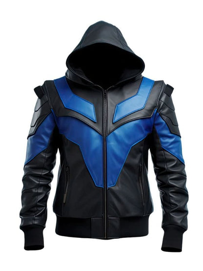 Thread Masters INC Men's Blue and Black Punk Hooded Bomber Leather Jacket