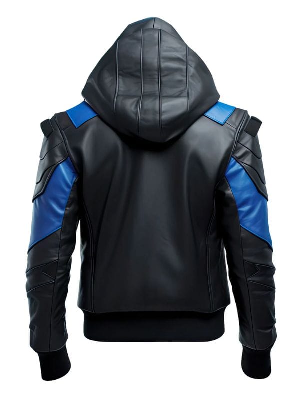 Thread Masters INC Men's Blue and Black Punk Hooded Bomber Leather Jacket