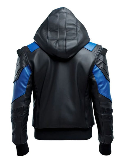 Thread Masters INC Men's Blue and Black Punk Hooded Bomber Leather Jacket