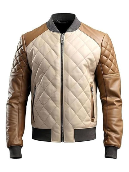 Thread Masters INC Men’s Brown Beige Genuine Sheepskin Quilted Bomber Leather Jacket