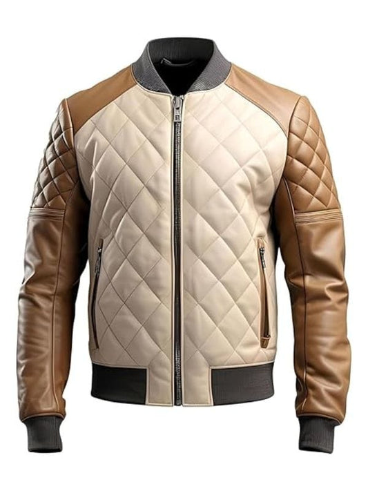 Thread Masters INC Men’s Brown Beige Genuine Sheepskin Quilted Bomber Leather Jacket