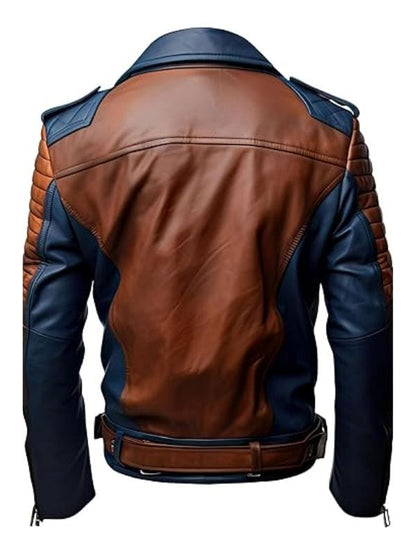 Thread Masters INC Men’s Brown Blue Genuine Sheepskin Biker Quilted Racer Leather Jacket
