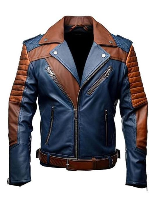 Thread Masters INC Men’s Brown Blue Genuine Sheepskin Biker Quilted Racer Leather Jacket
