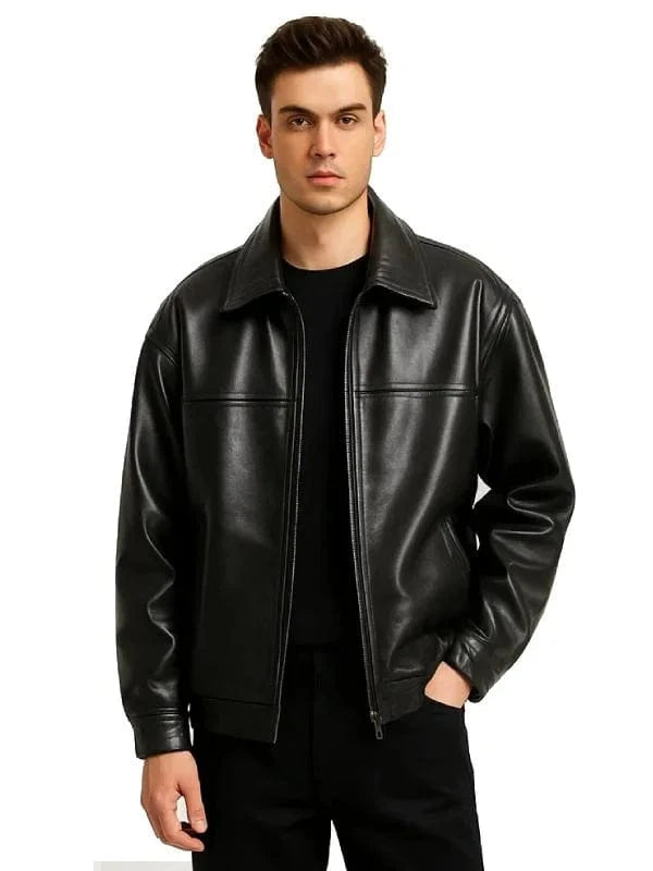 Thread Masters INC Men’s Classic Black Leather Zip-Up Jacket