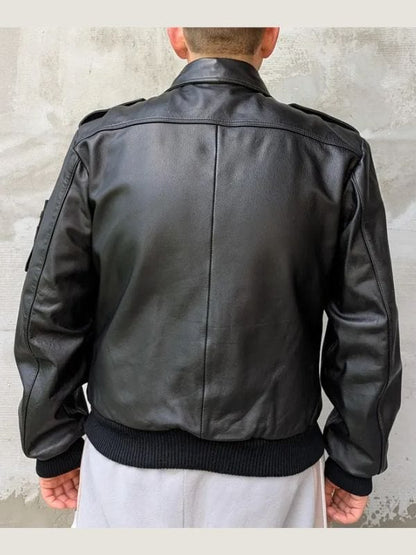 Thread Masters INC Men's Classic Flap Pockets Black Leather Bomber Jacket