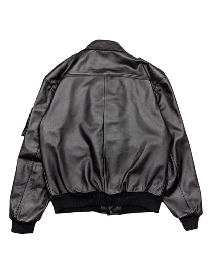 Thread Masters INC Men's Classic Flap Pockets Black Leather Bomber Jacket