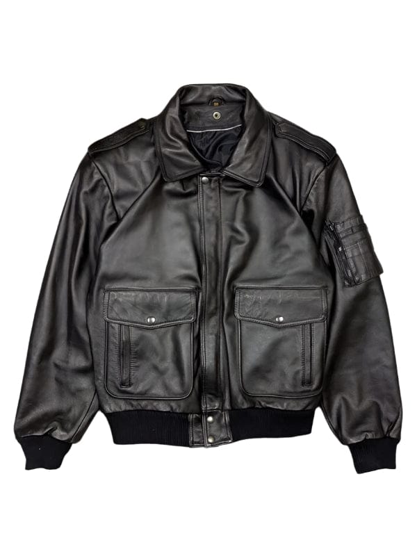 Thread Masters INC Men's Classic Flap Pockets Black Leather Bomber Jacket