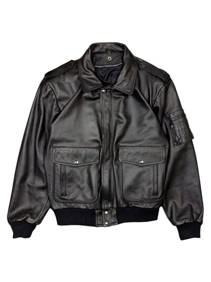 Thread Masters INC Men's Classic Flap Pockets Black Leather Bomber Jacket