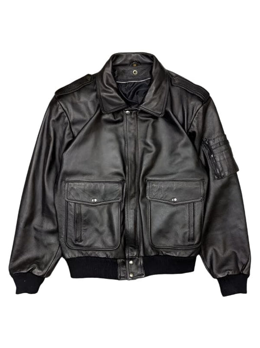 Thread Masters INC Men's Classic Flap Pockets Black Leather Bomber Jacket