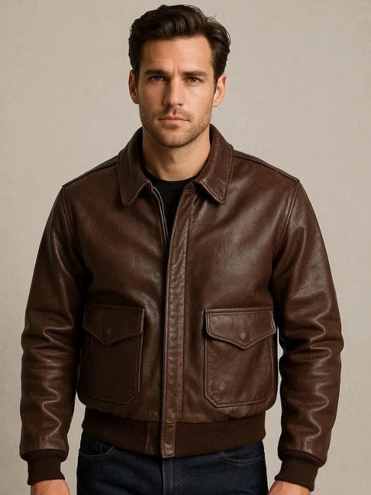 Thread Masters INC Men’s Classic Style Dark Brown Leather Bomber Jacket