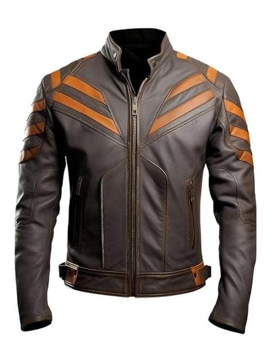 Thread Masters INC Men’s Dark Brown Genuine Sheepskin Orange Stripes Leather Jacket