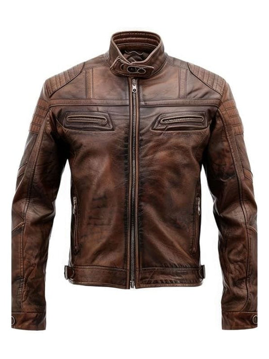 Thread Masters INC Men’s Distressed Brown Genuine Sheepskin Motorcycle Leather Jacket