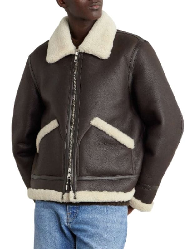 Thread Masters INC Men's Luxurious Dark Brown Shearling Lined Aviator Bomber Jacket