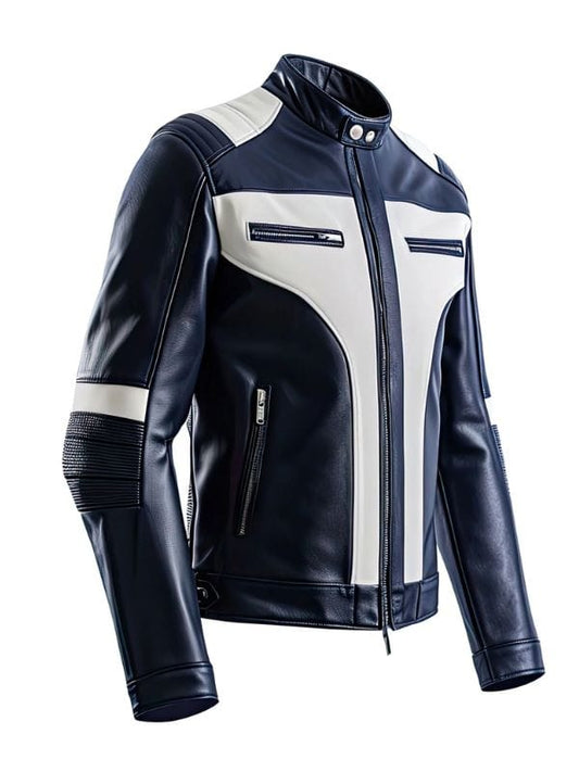 Thread Masters INC Men’s Navy Blue White Quilted Cafe Racer Leather Jacket