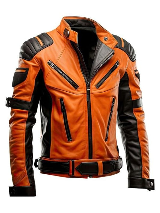 Thread Masters INC Men’s Orange Black Sheepskin Punk Motorcycle Racer Leather Jacket